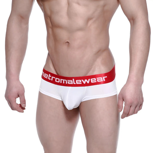 White men’s boxer briefs with red waistband and metromalewear logo in white from metroMalewear Benjamin mini cheek 2025-02