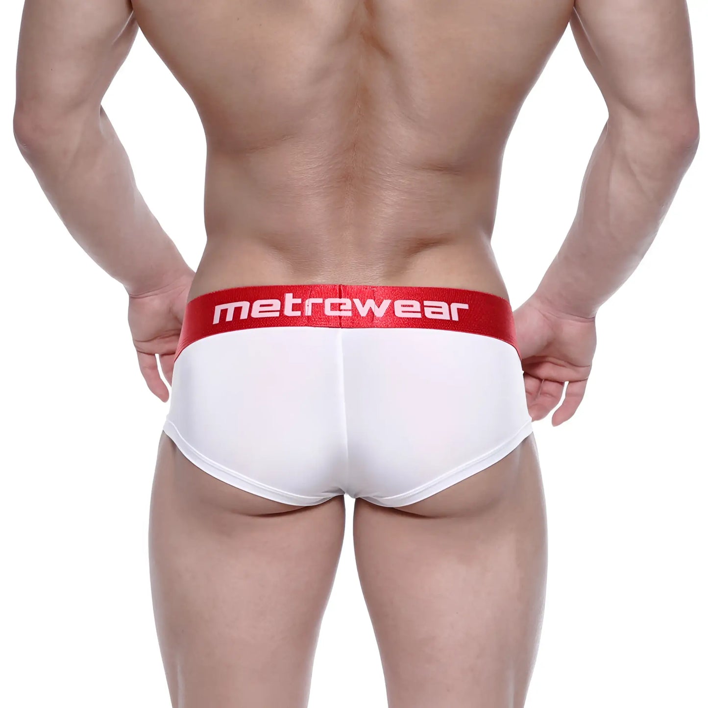 White briefs with a red waistband featuring the Metrewear logo from MetroMaleWear Benjamin Mini Cheek Boxer 2025-02