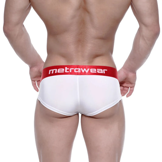White briefs with a red waistband featuring the Metrewear logo from MetroMaleWear Benjamin Mini Cheek Boxer 2025-02