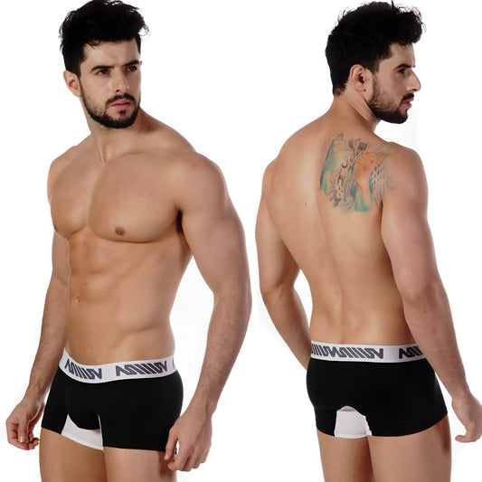 Black MetroMaleWear bi-color short boxer briefs heather 3022-32 with white trim and repeating logo waistband
