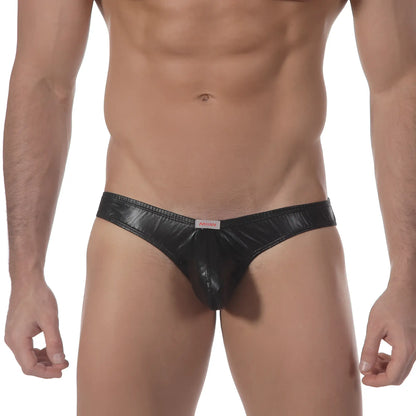 Black patent leather thong with subtle red logo tag at waistband from MetroMaleWear black brief 2018-20 collection