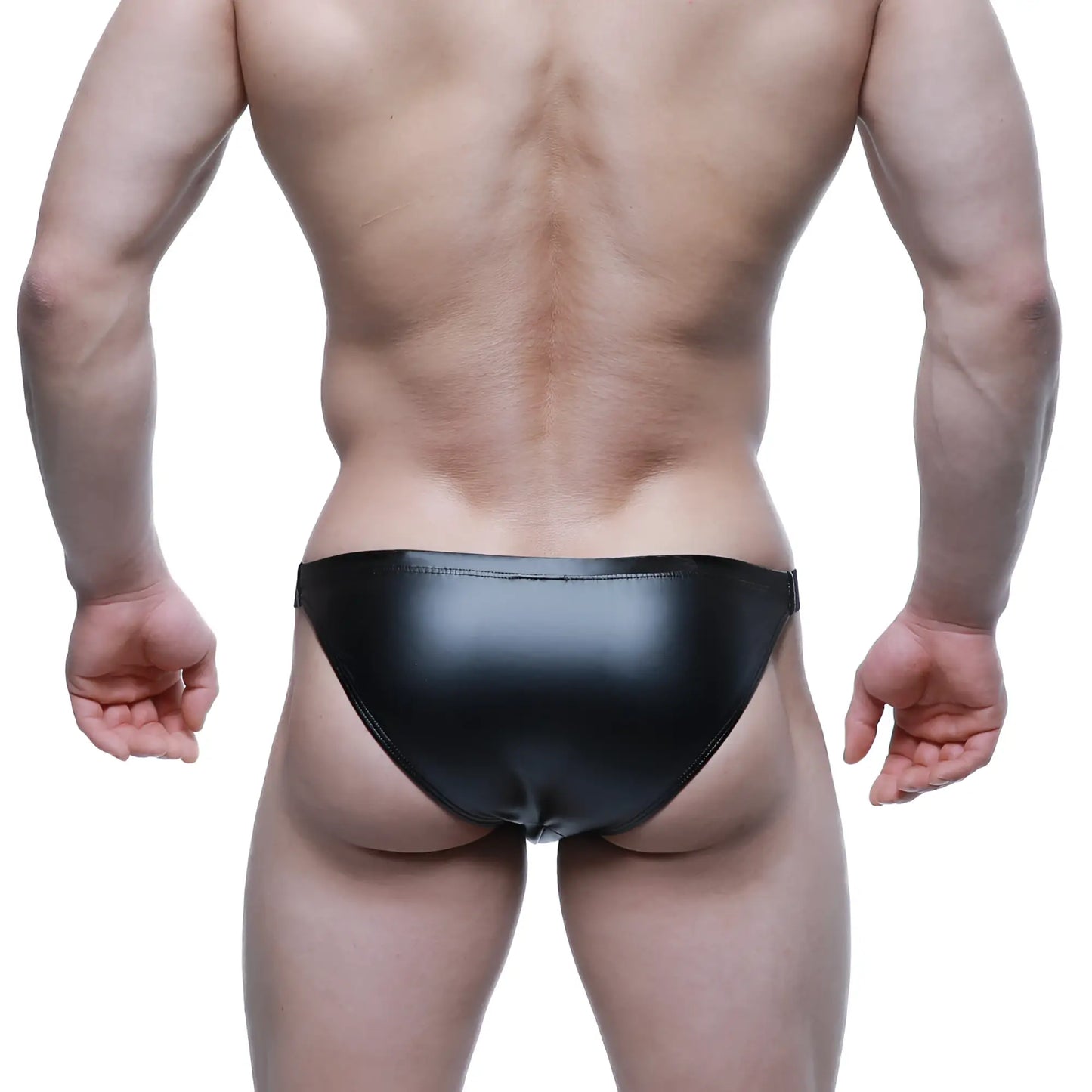 Black glossy faux leather briefs with a sleek form-fitting design from MetroMaleWear bling bikini 3604-75