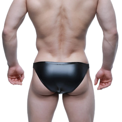 Black glossy faux leather briefs with a sleek form-fitting design from MetroMaleWear bling bikini 3604-75