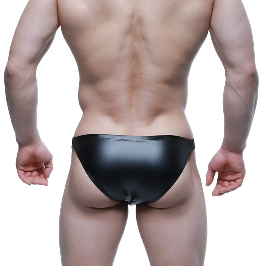 Black glossy faux leather briefs with a sleek form-fitting design from MetroMaleWear bling bikini 3604-75