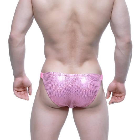 MetroMaleWear bling bikini pink 3604-73 pink sequined briefs with mesh texture and matching elastic waistband