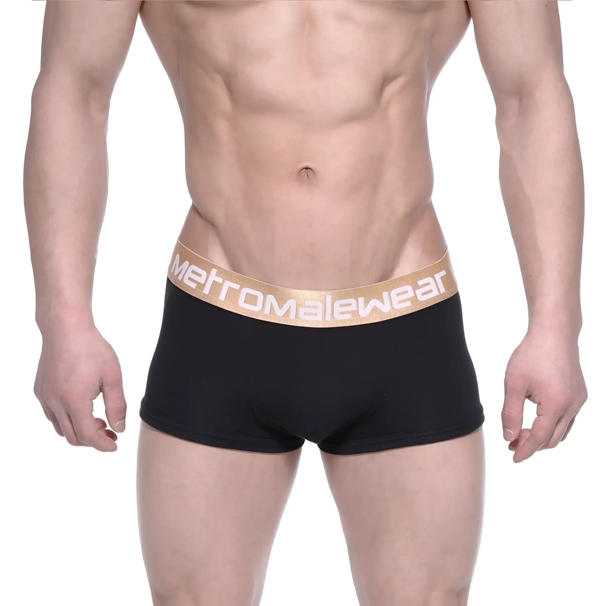 Black metroMaleWear body boxer briefs 1023-20 with gold elastic waistband and white logo lettering