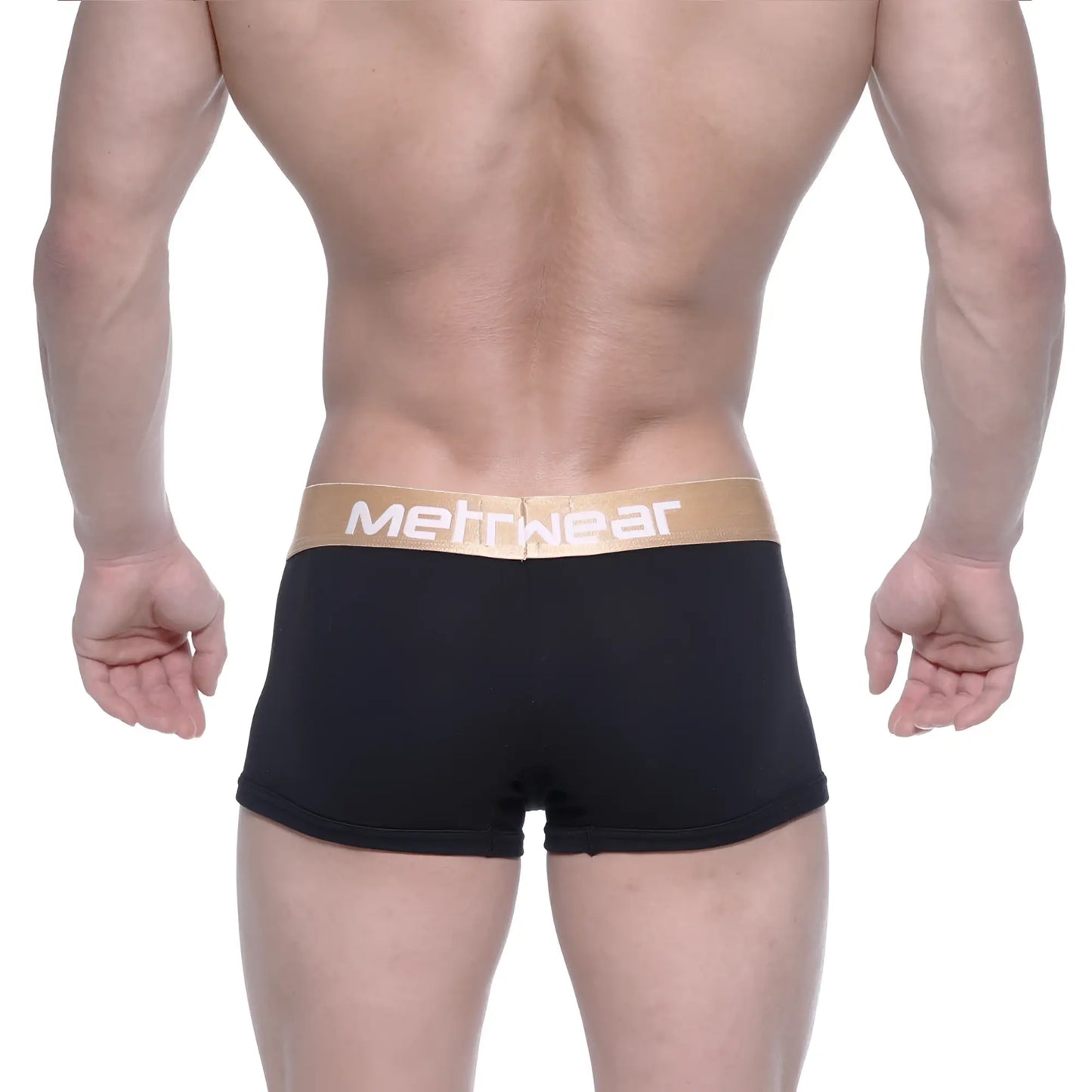Black metro malewear body boxer briefs with tan waistband and white methwear logo for comfortable everyday wear