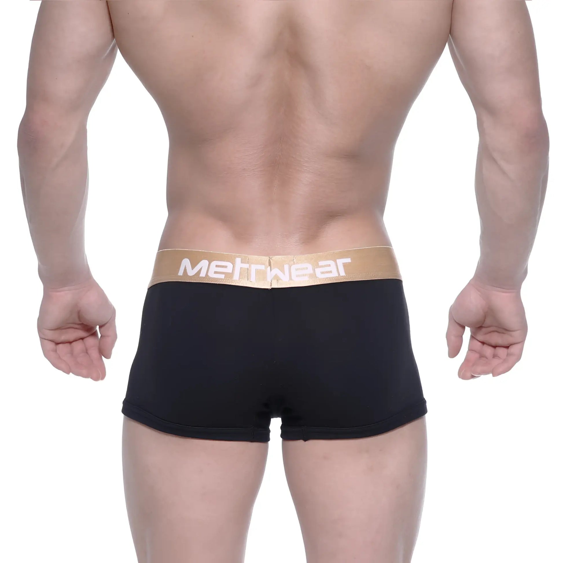 Black metro malewear body boxer briefs with tan waistband and white methwear logo for comfortable everyday wear