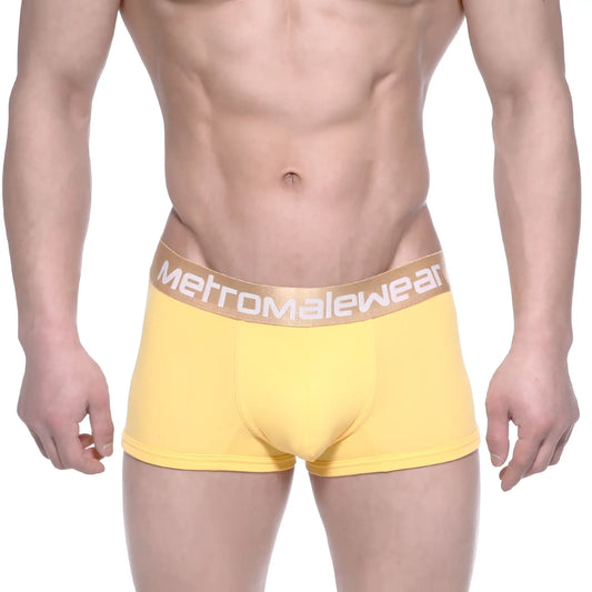 Yellow MetroMaleWear body boxer brief with tan waistband and white logo suitable for everyday wear