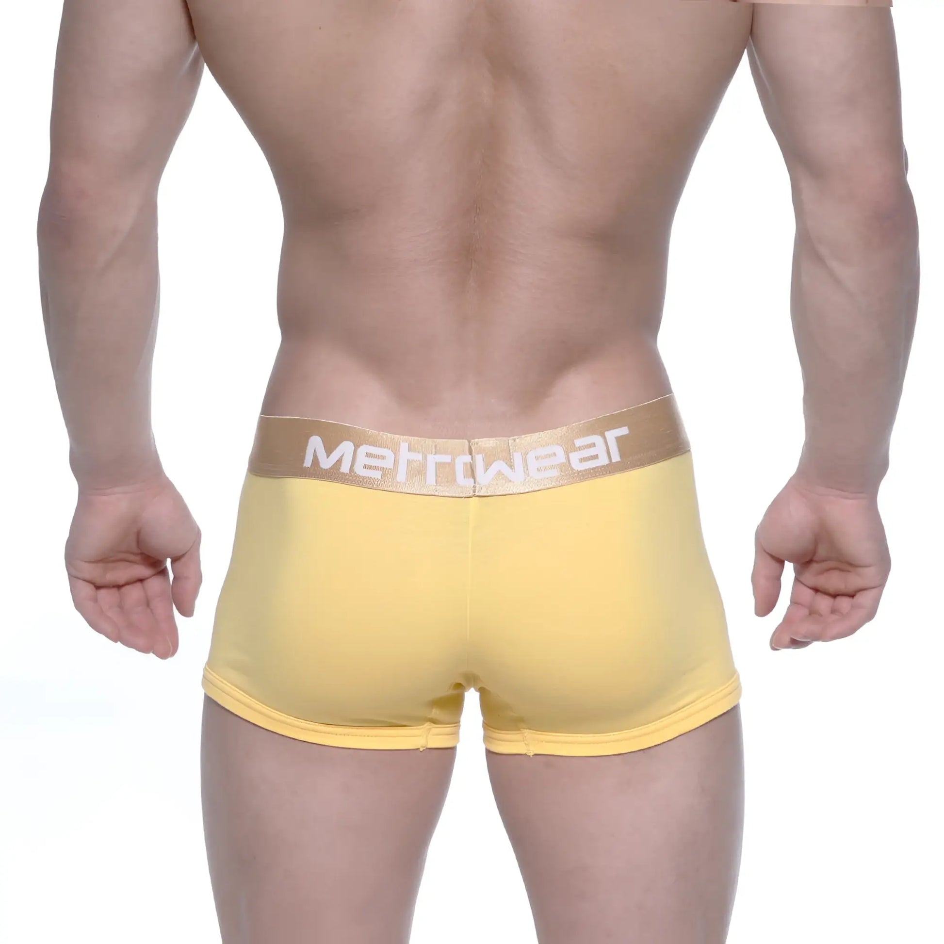 Yellow metrowear boxer briefs with a gold waistband featuring white lettering from MetroMaleWear body boxer brief gold 1023-15