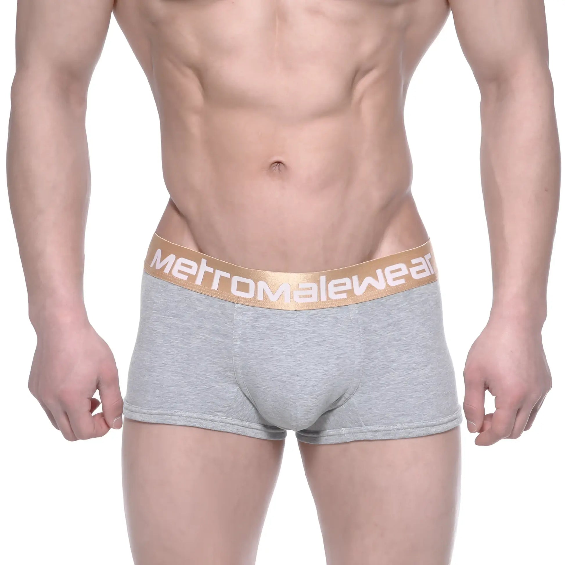 MetroMaleWear body boxer brief gray heathered with gold elastic waistband and white metromalewear logo
