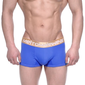 Bright blue metro male wear body boxer briefs with gold waistband and metromalewear logo in royal blue 1023-18