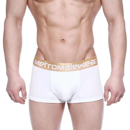 White mens boxer briefs with a gold waistband featuring the metromalewear logo in metro malewear body boxer brief white 1023-00