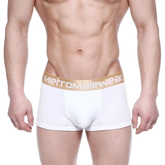 White mens boxer briefs with a gold waistband featuring the metromalewear logo in metro malewear body boxer brief white 1023-00