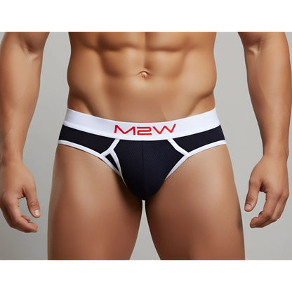 MetroMaleWear bold ribbed black briefs with red lettering on the waistband featuring m2w branding