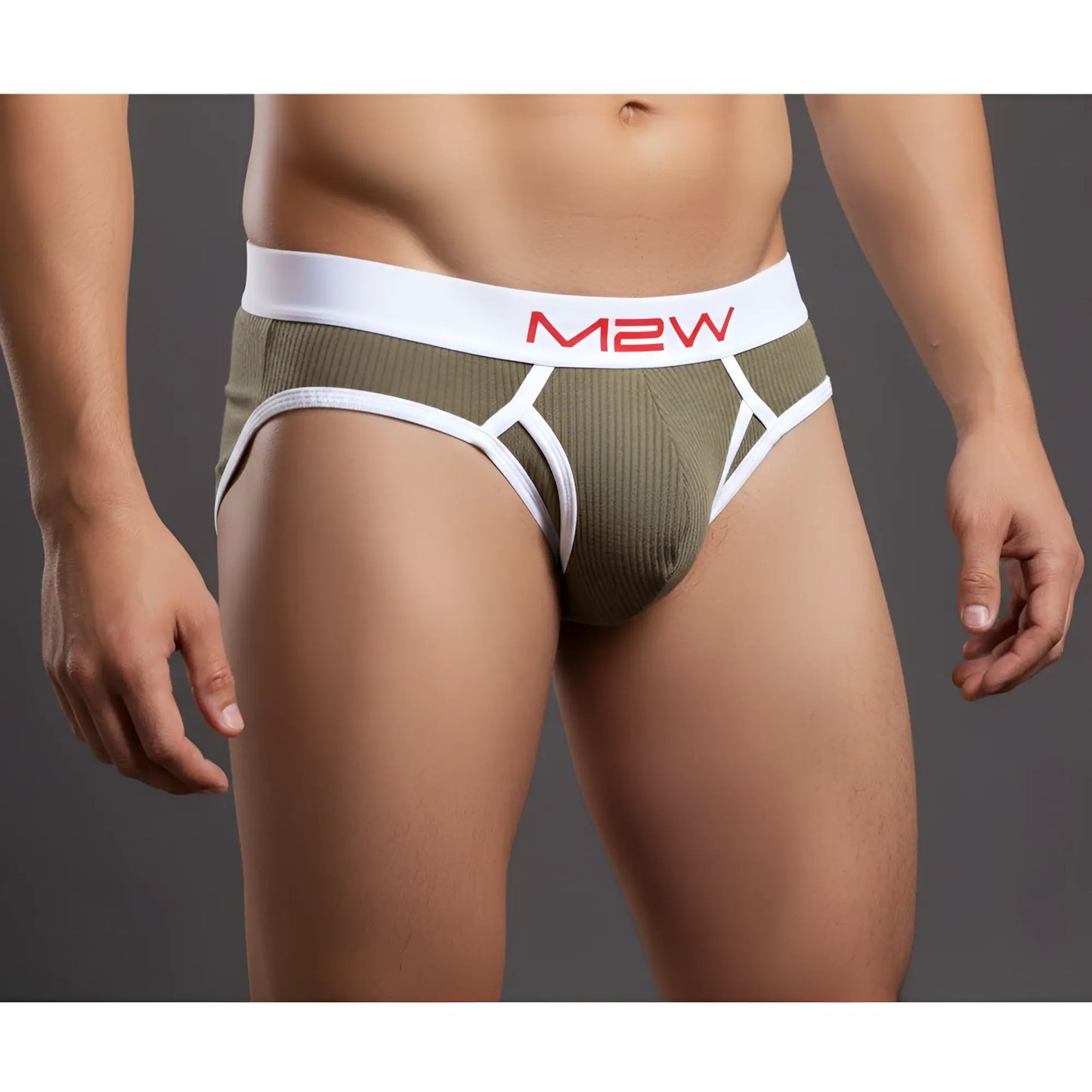 MetroMaleWear bold ribbed brief green olive striped mens underwear with white waistband and red m2w logo