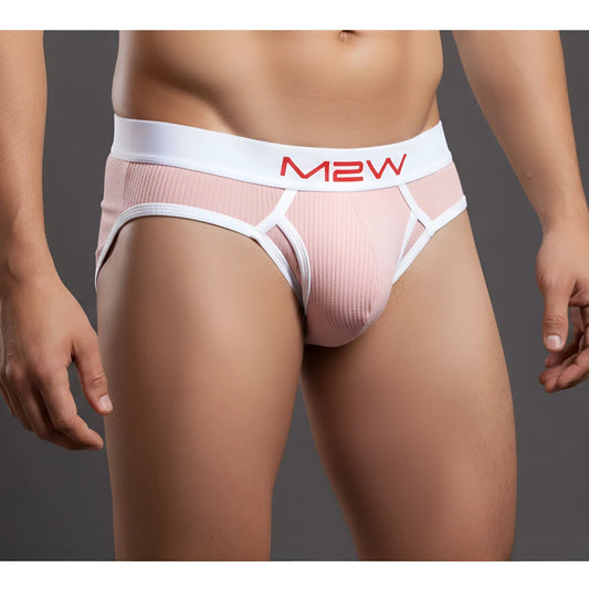 Pink ribbed men’s briefs with white elastic waistband and red m2w logo by MetroMaleWear bold ribbed brief 1103-14