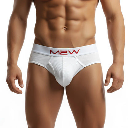 MetroMaleWear bold ribbed briefs in white with a ribbed texture and red m2w logo on waistband