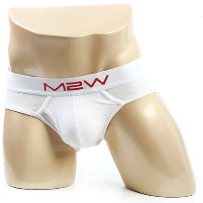 White m2w metro male wear bold ribbed brief in white with red logo waistband featuring textured cotton fabric