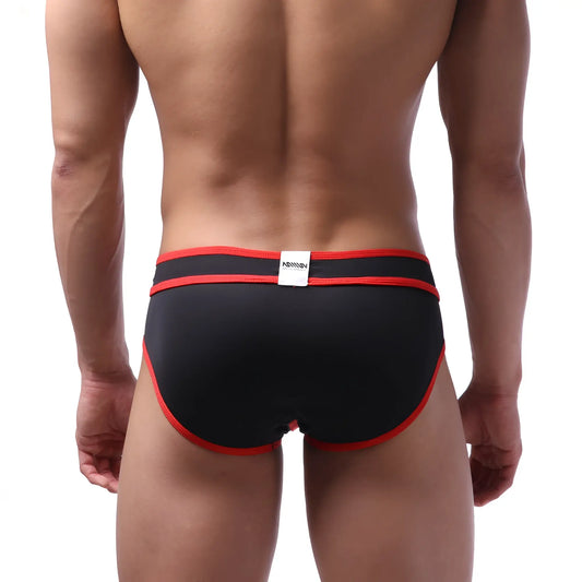Black briefs with red trim and white label at waistband metro male wear bold swim brief red 4961-12