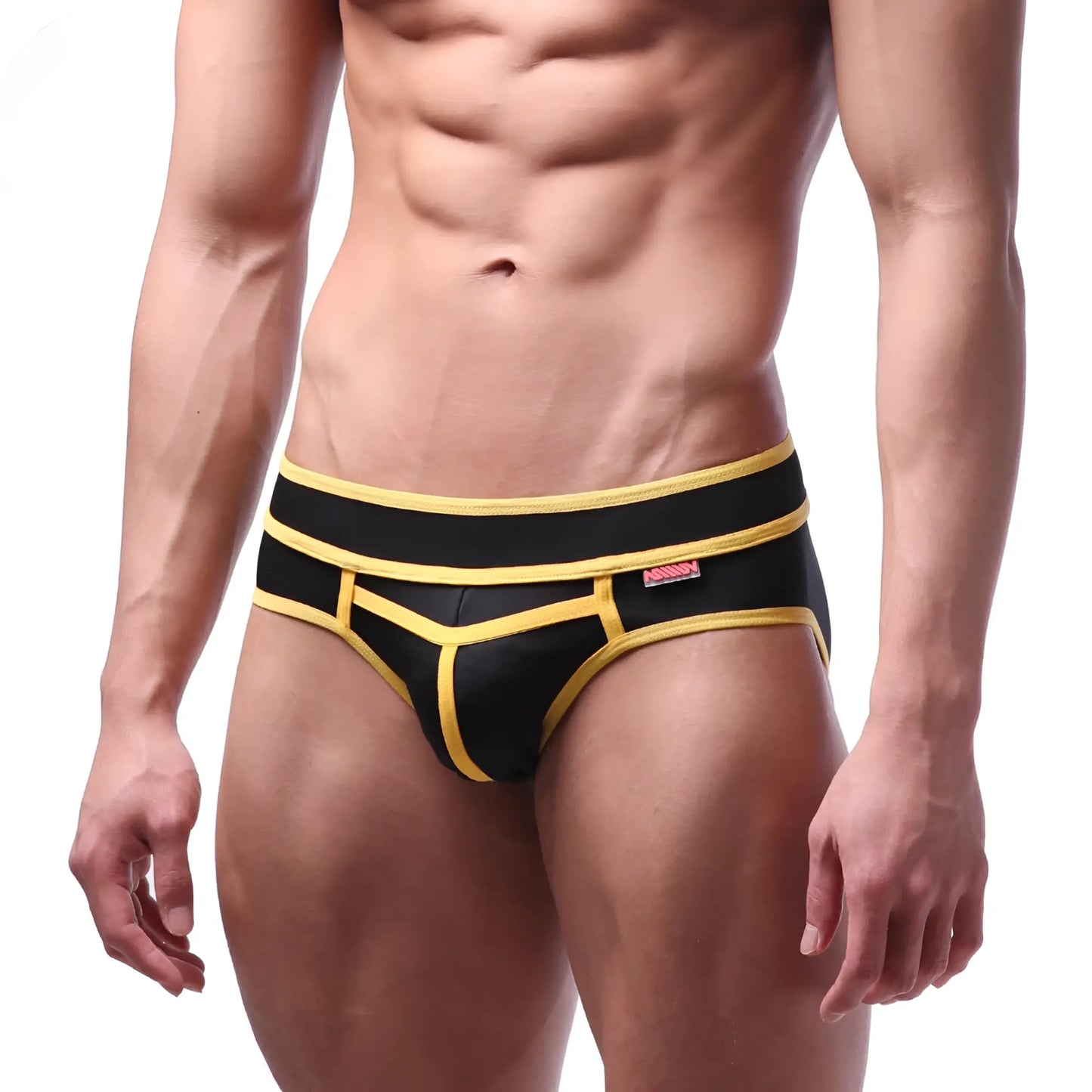 Metro male wear bold swim brief yellow 4961-15 featuring black and yellow geometric design in athletic fabric