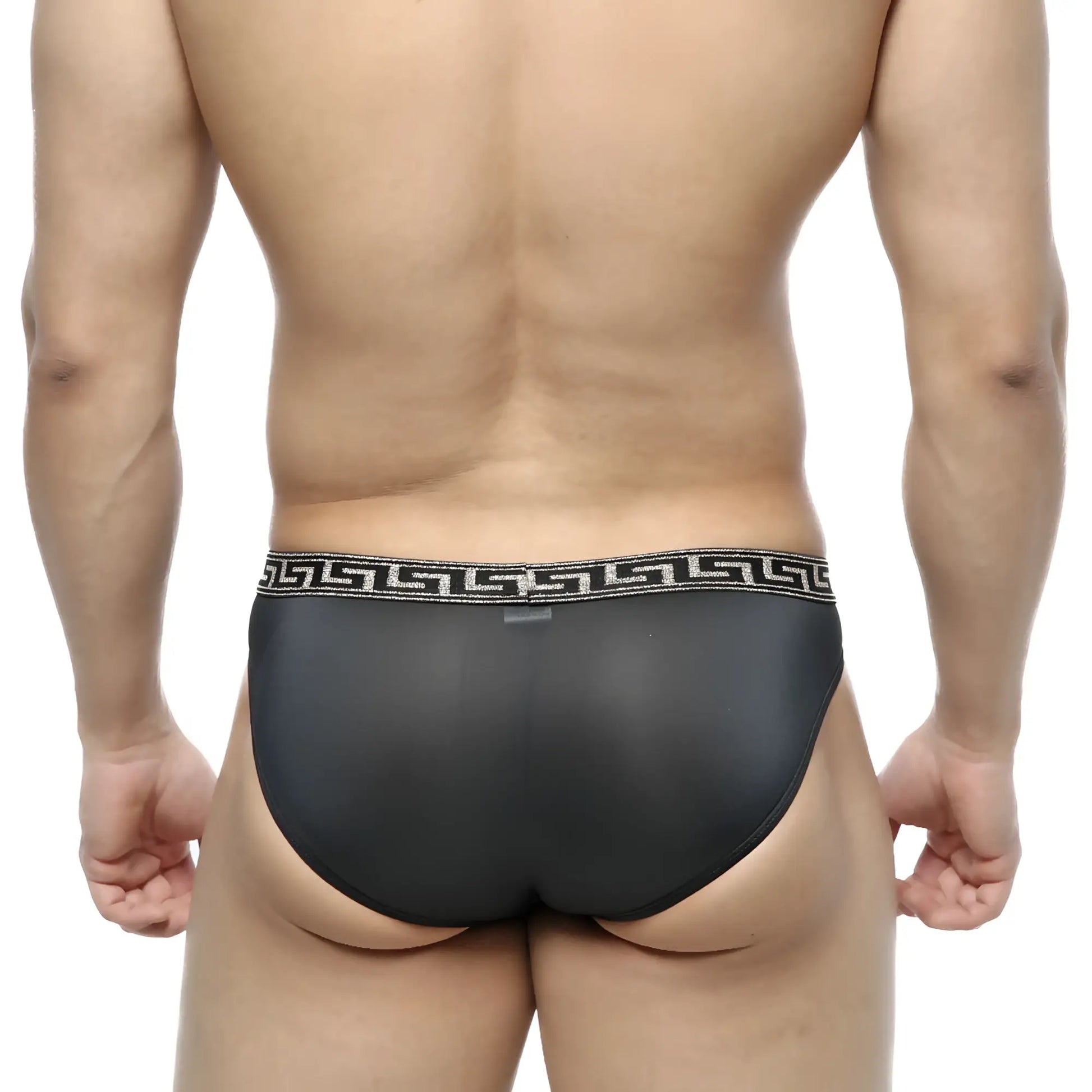 Black mesh briefs with black and silver greek key patterned waistband metro male wear bolero bikini 5105-20