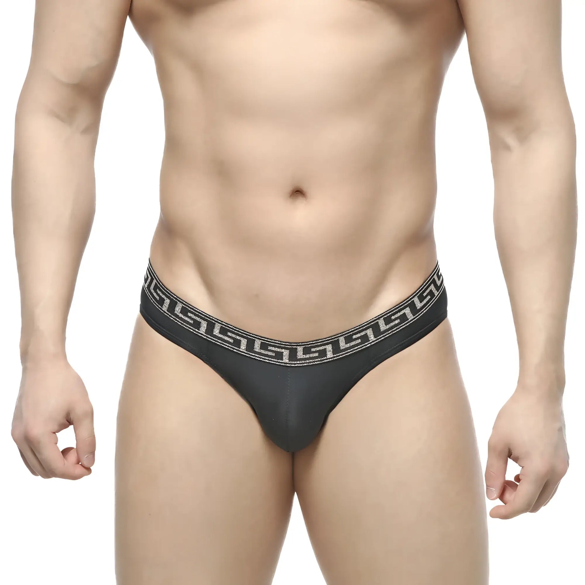 Black thong bikini with white greek key waistband pattern by metromalewear bolero 5105-20 showing back side