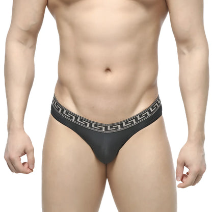 Black thong bikini with white greek key waistband pattern by metromalewear bolero 5105-20 showing back side