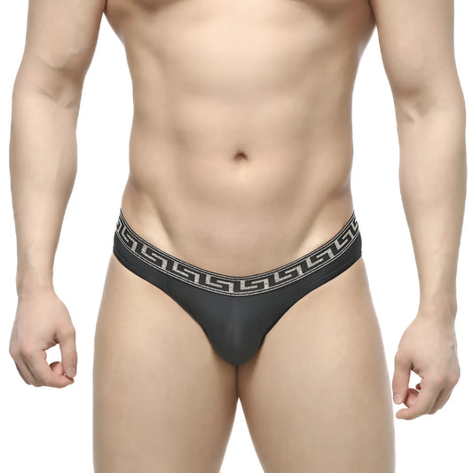 Black thong bikini with white greek key waistband pattern by metromalewear bolero 5105-20 showing back side
