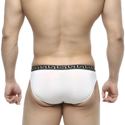 MetroMalewear bolero bikini white briefs with a black Greek key patterned waistband in a comfortable fit