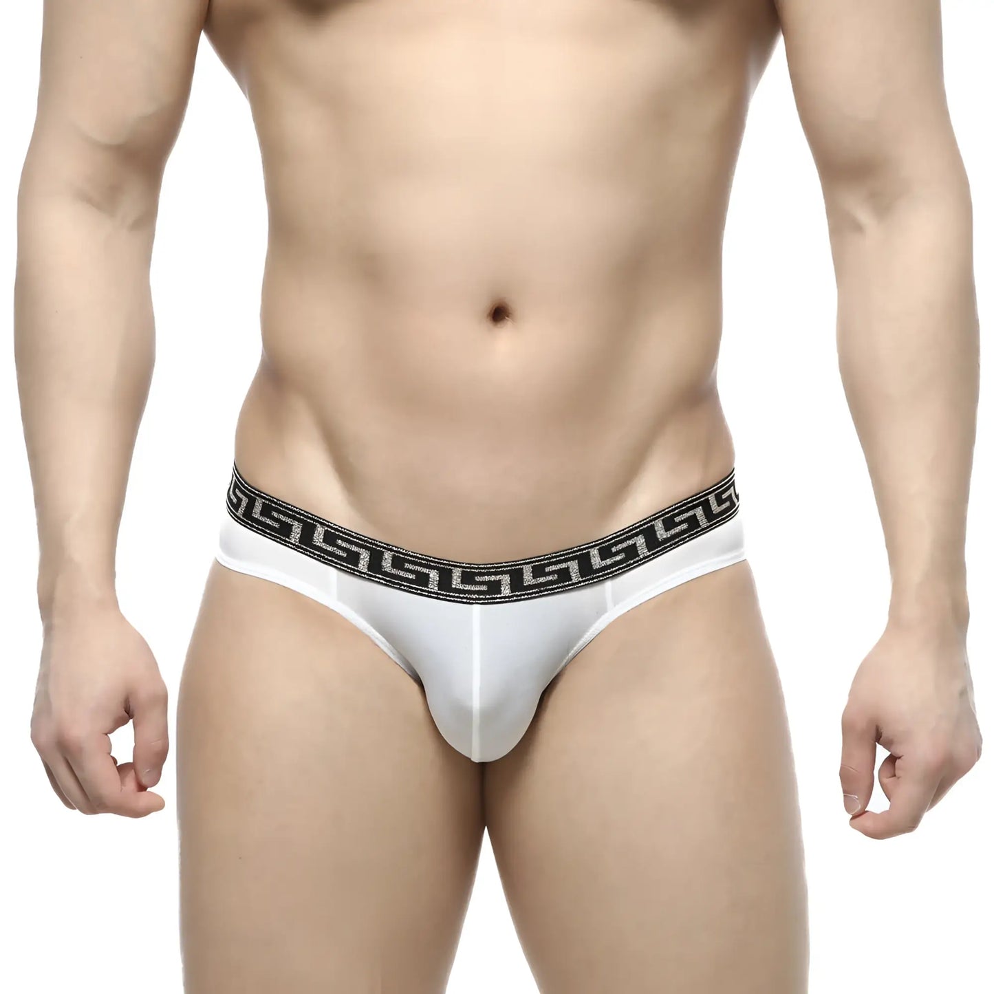 White men’s briefs metroMaleWear bolero bikini 5105-00 with black greek key pattern waistband