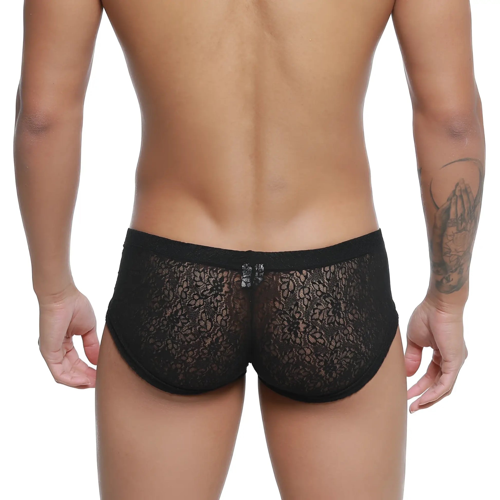 Black lace briefs with delicate floral pattern and solid black waistband from MetroMaleWear Bordado Trunk Black 2125-53