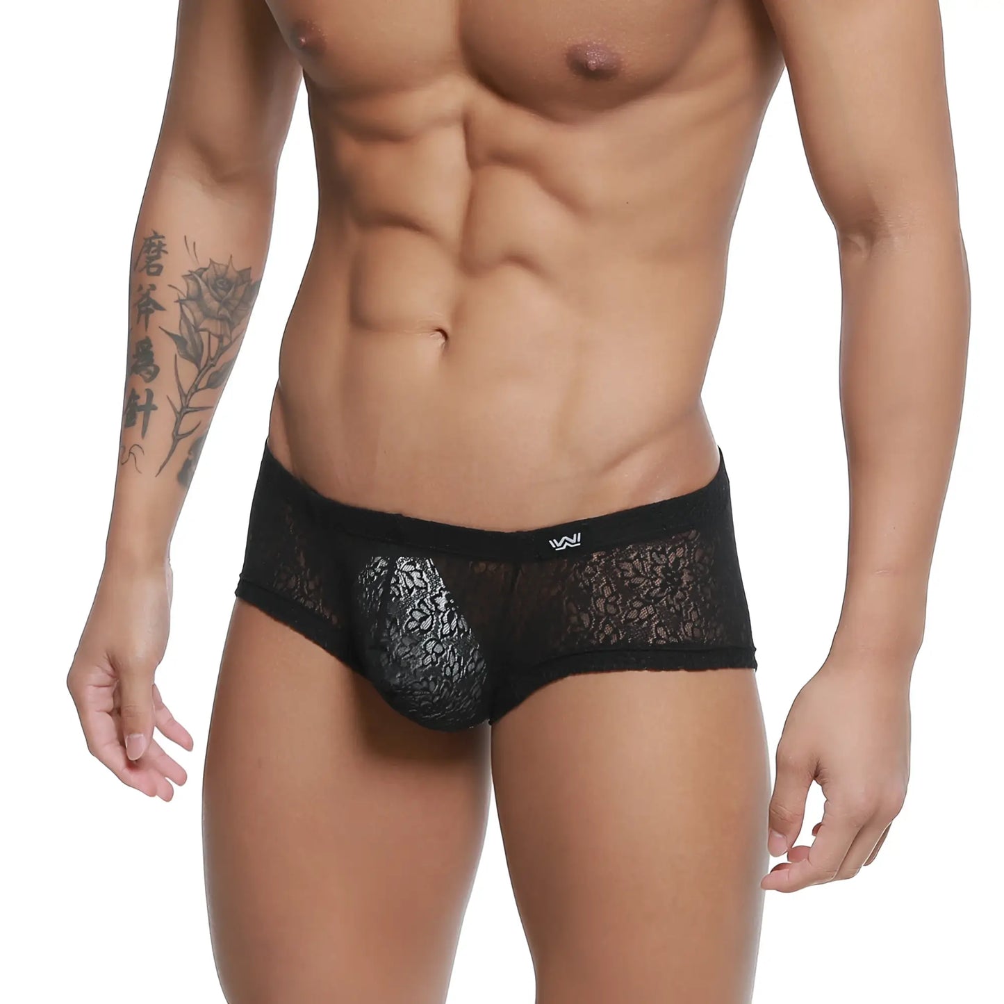 Metro malewear bordado trunk black men’s underwear with sheer black lace and branded waistband