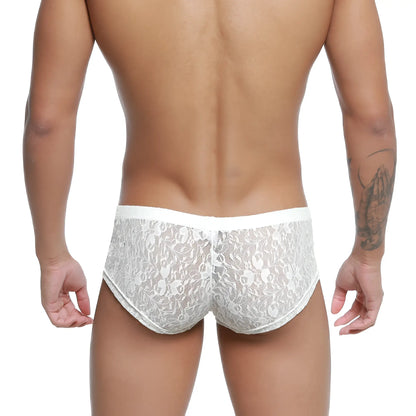 White lace men’s briefs with delicate floral pattern and elastic waistband metro male wear bordado trunk ivory 2125-57