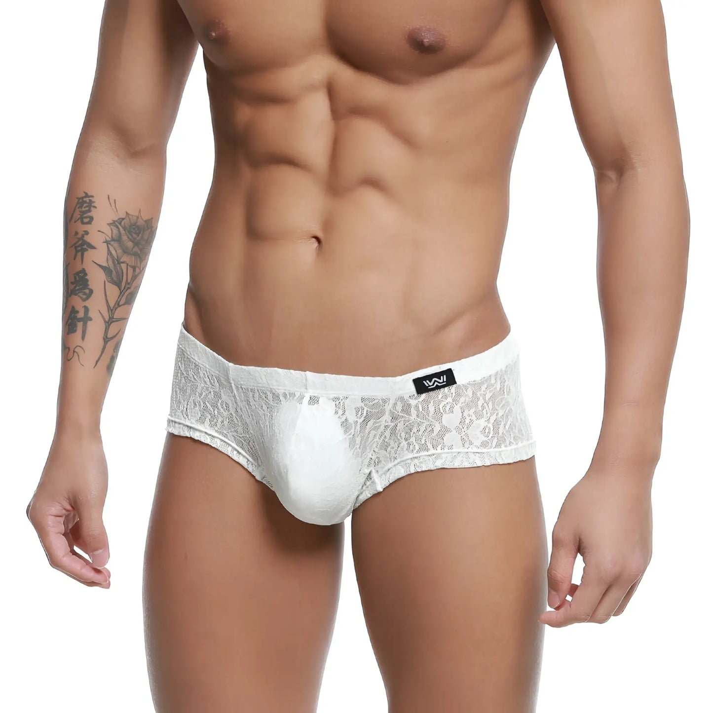 White lace men’s underwear with a solid ivory central panel and black brand tag metro malewear bordado trunk 2125-57