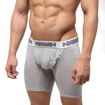 Gray heathered boxer briefs with white waistband featuring repeating dark gray million logo by metroMalewear