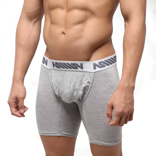 Gray heathered boxer briefs with white waistband featuring repeating dark gray million logo by metroMalewear