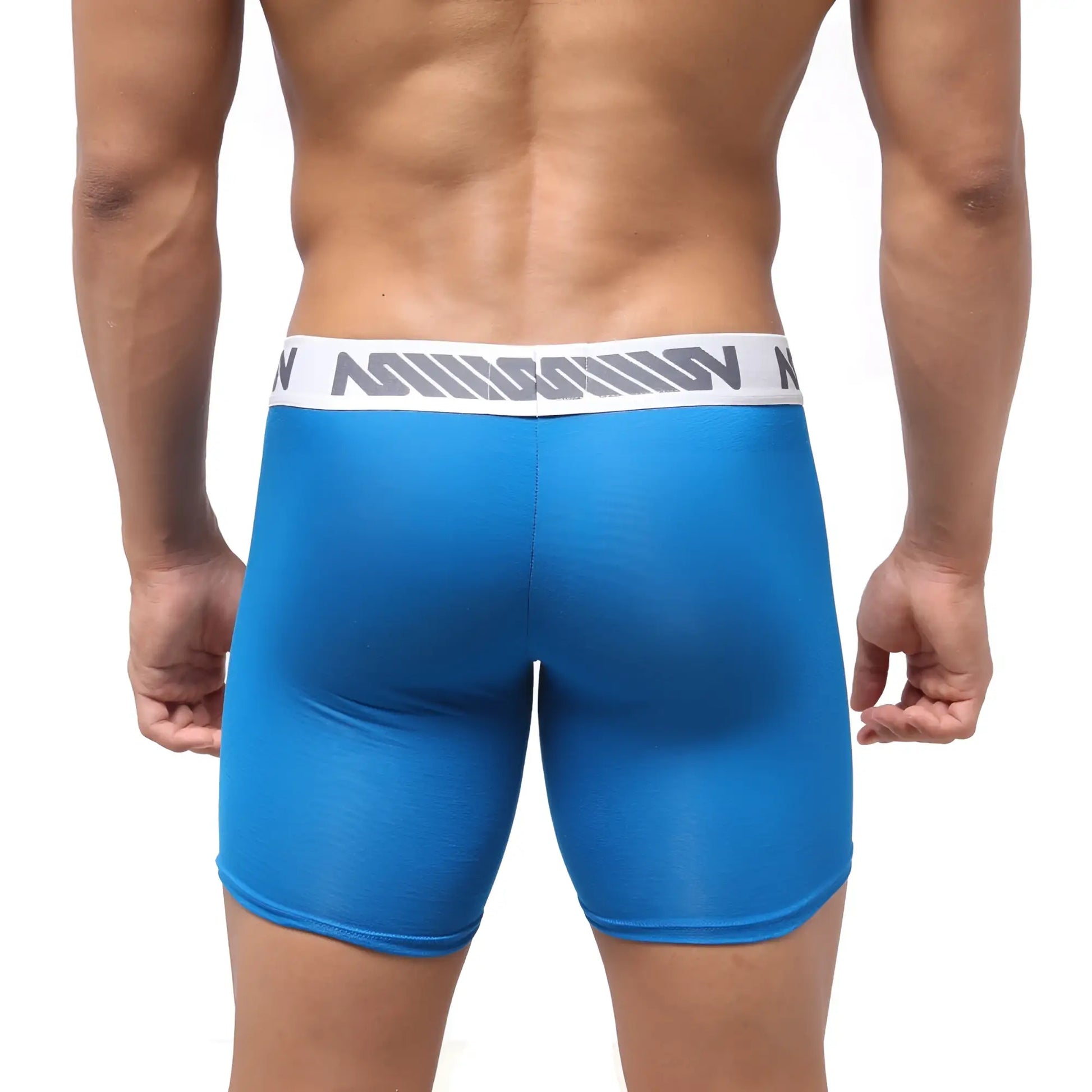 Blue men’s boxer briefs with white elastic waistband gray stripes and million branding metroMalewear bosillo bold long royal blue