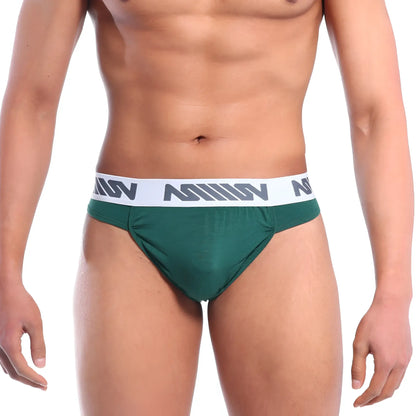 Dark green athletic briefs with white elastic waistband featuring repeating gray logo by MetroMaleWear bosillo bold thong
