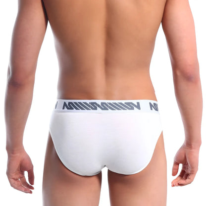 White mens briefs with a gray diagonal stripe logo band by metromalewear bosillo brief white 3506-00