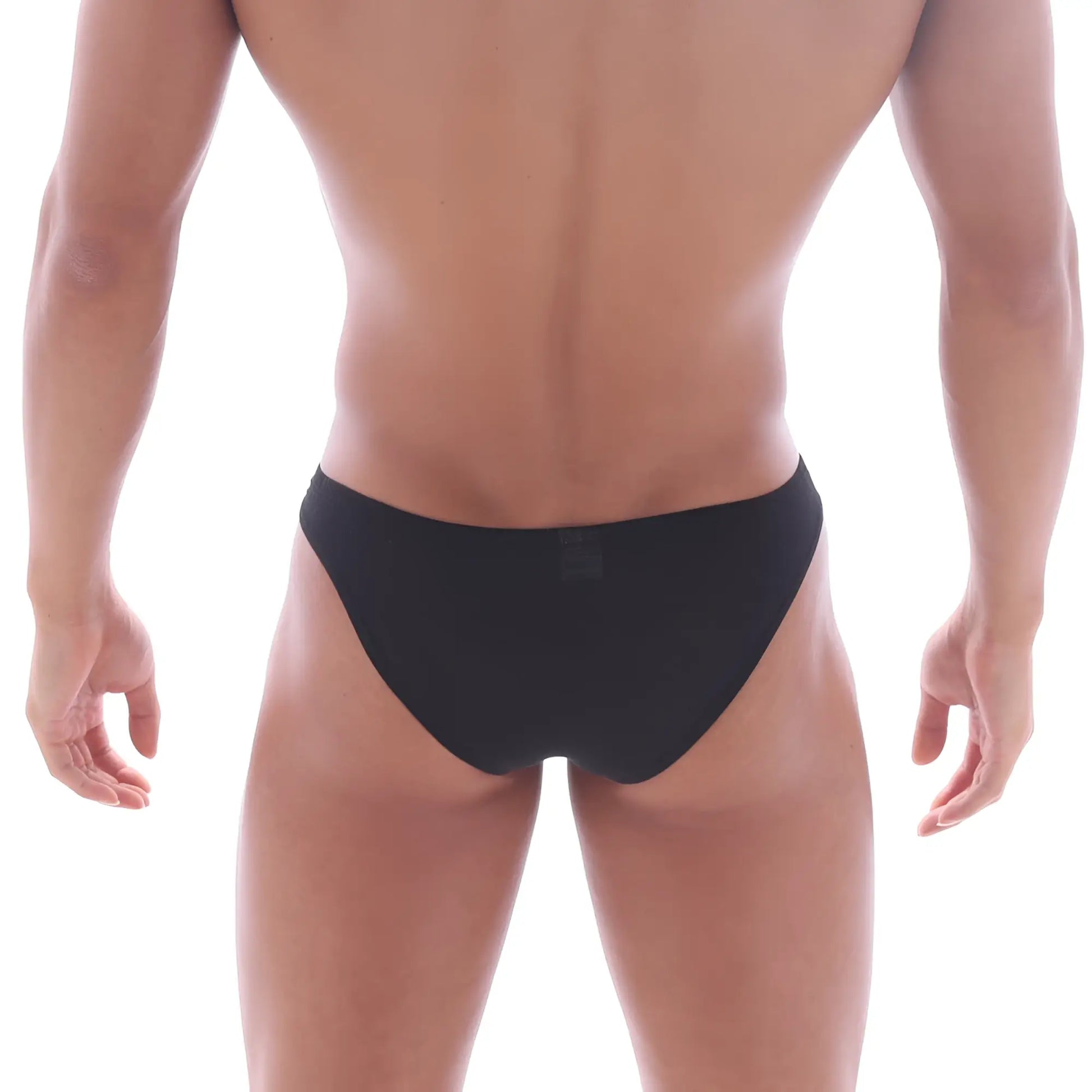MetroMalewear bosillo half back bikini black briefs with smooth, form-fitting design shown from the back side