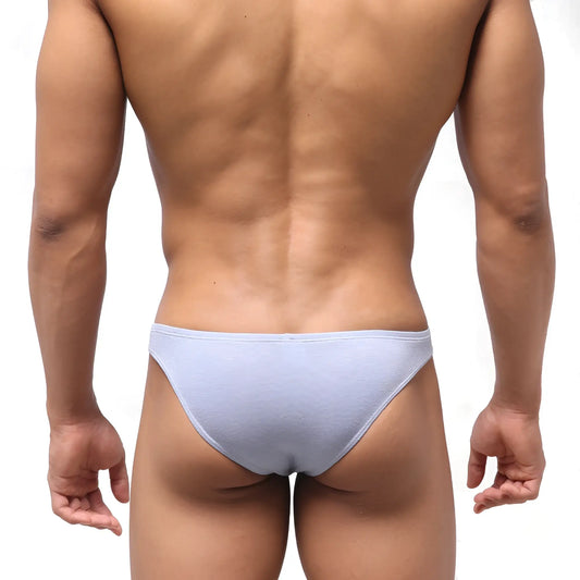 Light blue textured briefs show the back side of metroMalewear bosillo half back bikini lavender 3504-08