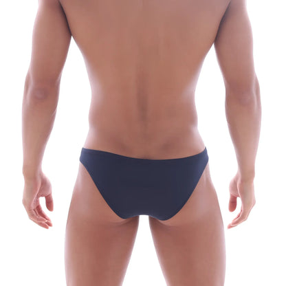 Navy blue metro male wear bosillo half back bikini briefs with smooth form-fitting design shown from the back side
