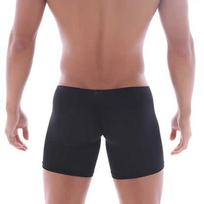 Black form-fitting boxer briefs with smooth stretchy fabric and minimalist design metro male wear bosillo long boxer