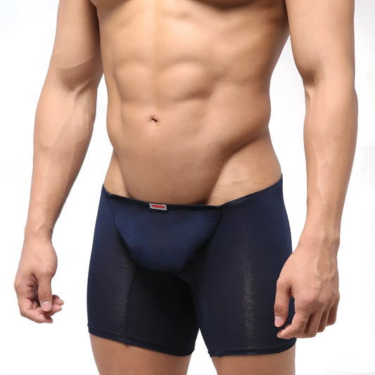 Navy blue sheer mesh briefs with subtle texture and red brand tag at waistband metro male wear bosillo long boxer