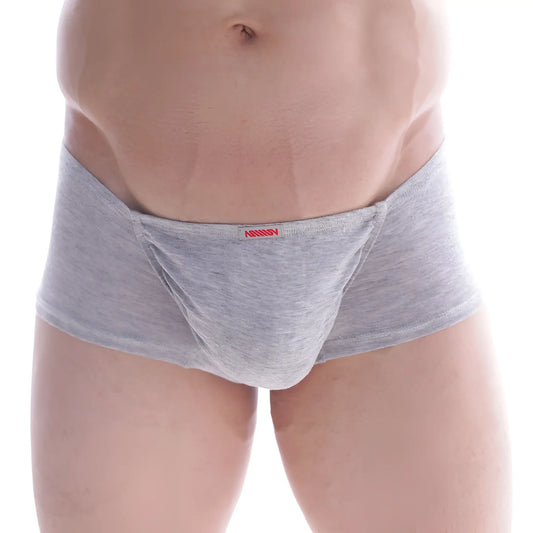 Gray heathered cotton MetroMaleWear Bosillo short boxer briefs with a red brand tag at the waistband