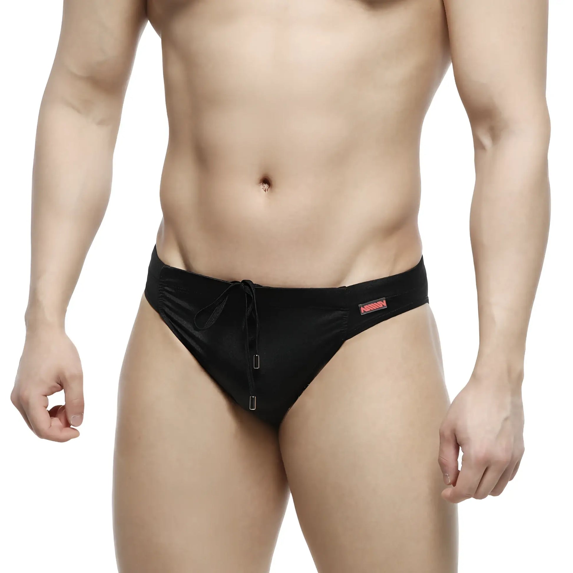 MetroMaleWear Bosillo swim bikini black satin swim trunks with drawstring waistband and silver metal clasps