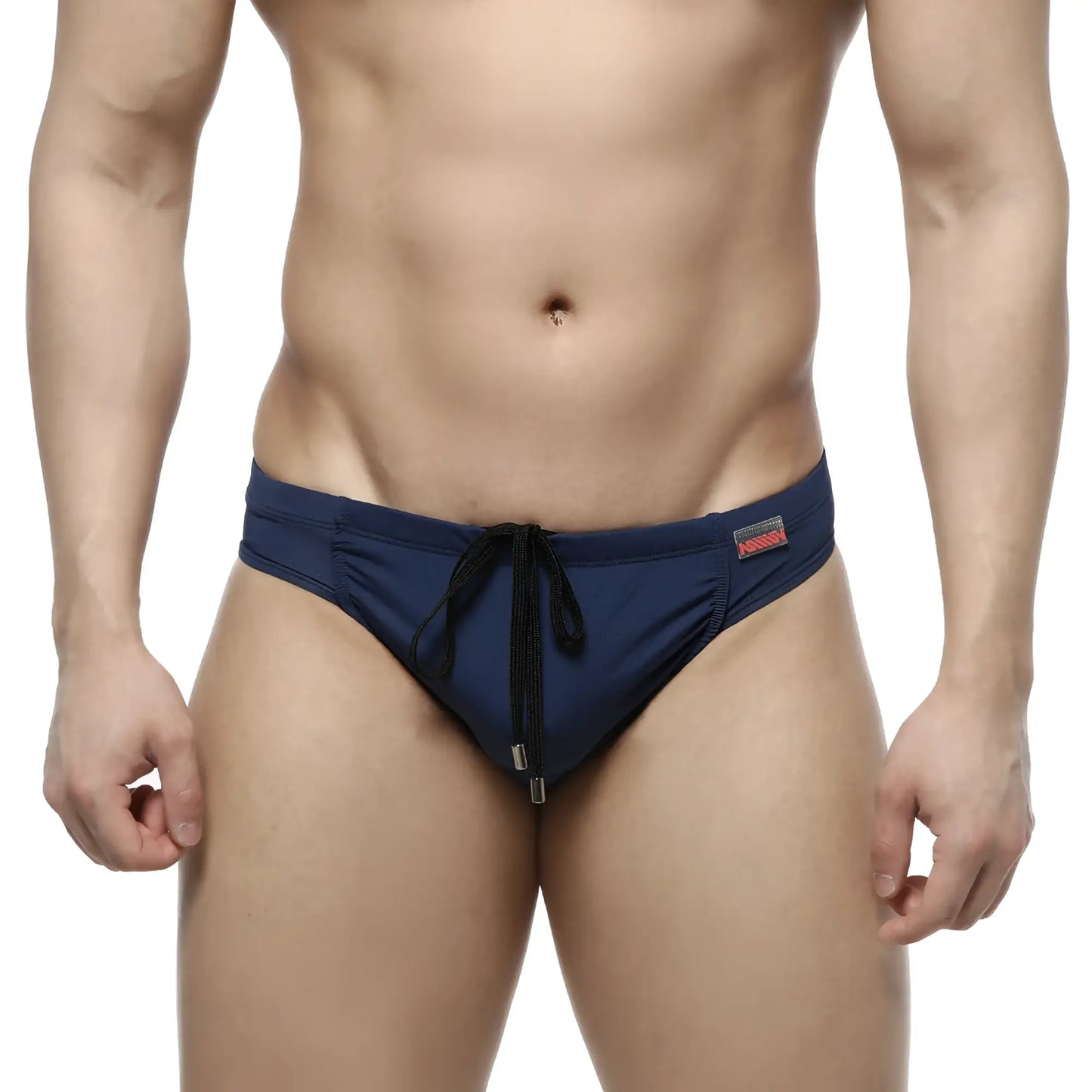Navy blue MetroMaleWear Bosillo swim bikini with black drawstring and zipper detail perfect for casual swimwear