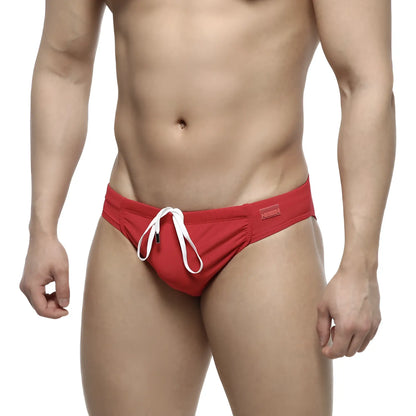 MetroMaleWear bosillo swim bikini red features red swim trunks with white drawstring and a brand tag on the waistband