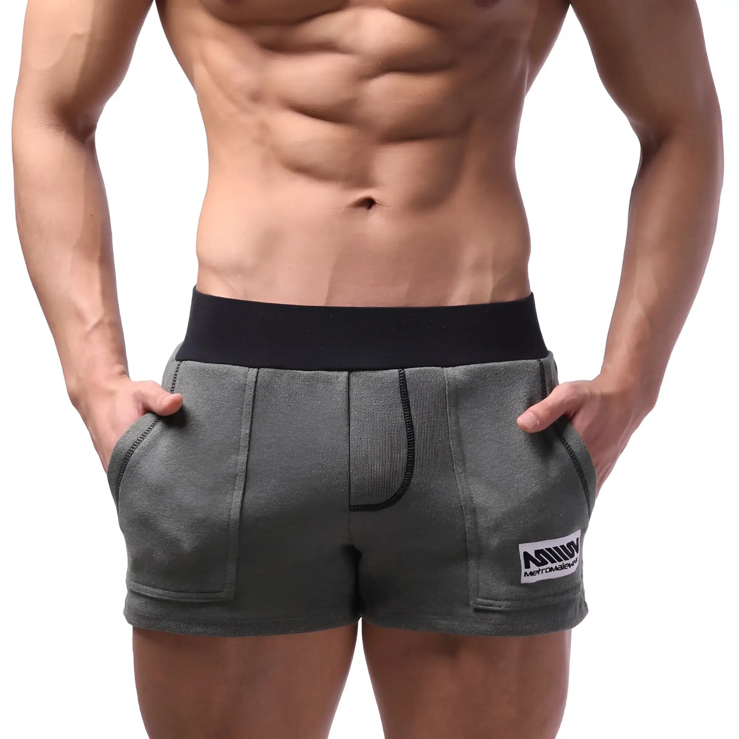MetroMaleWear Boston athletic shorts gray with black elastic waistband and white logo patch on lower right leg